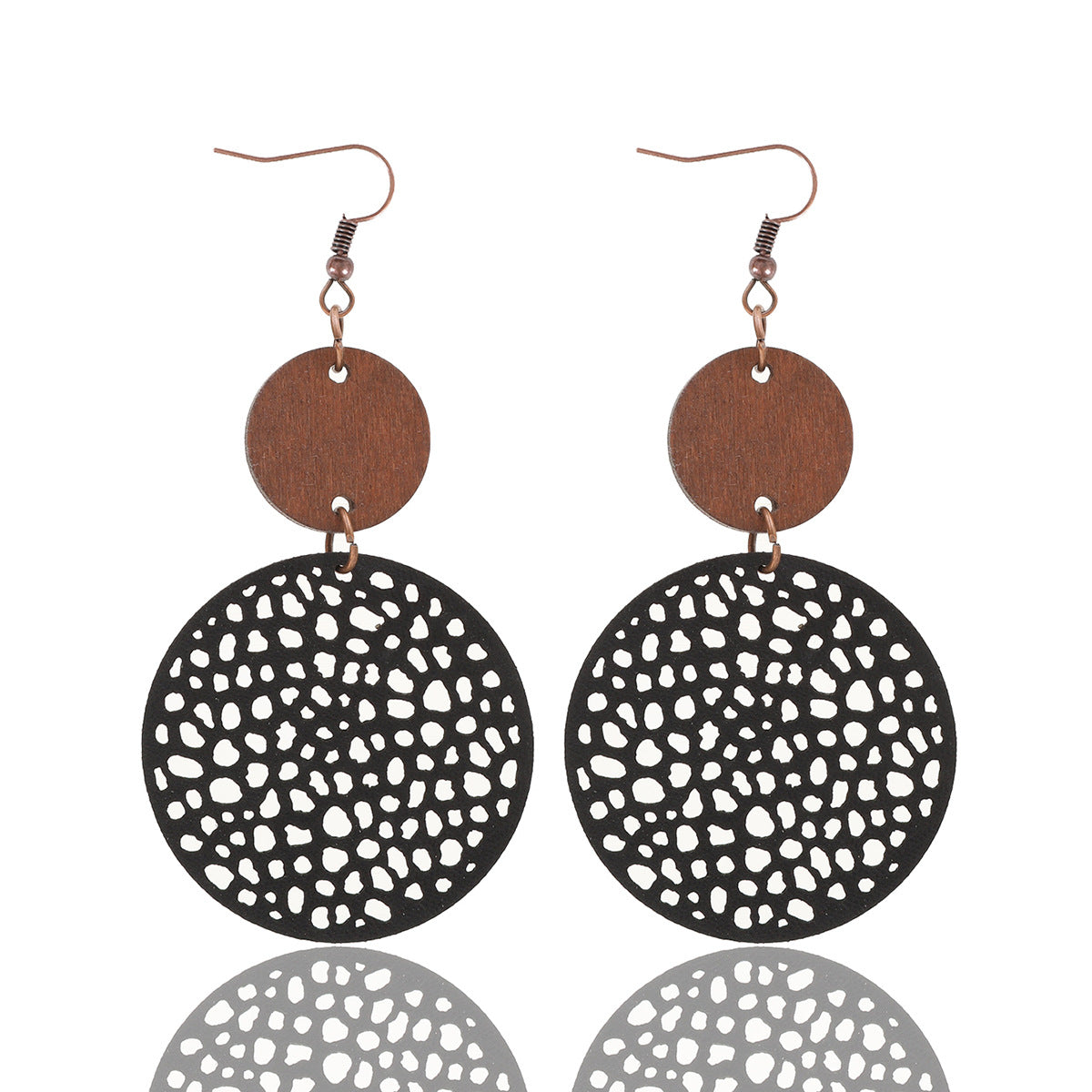 Wholesale Hollow Wood Piece Combination Leather Round Mesh Earrings